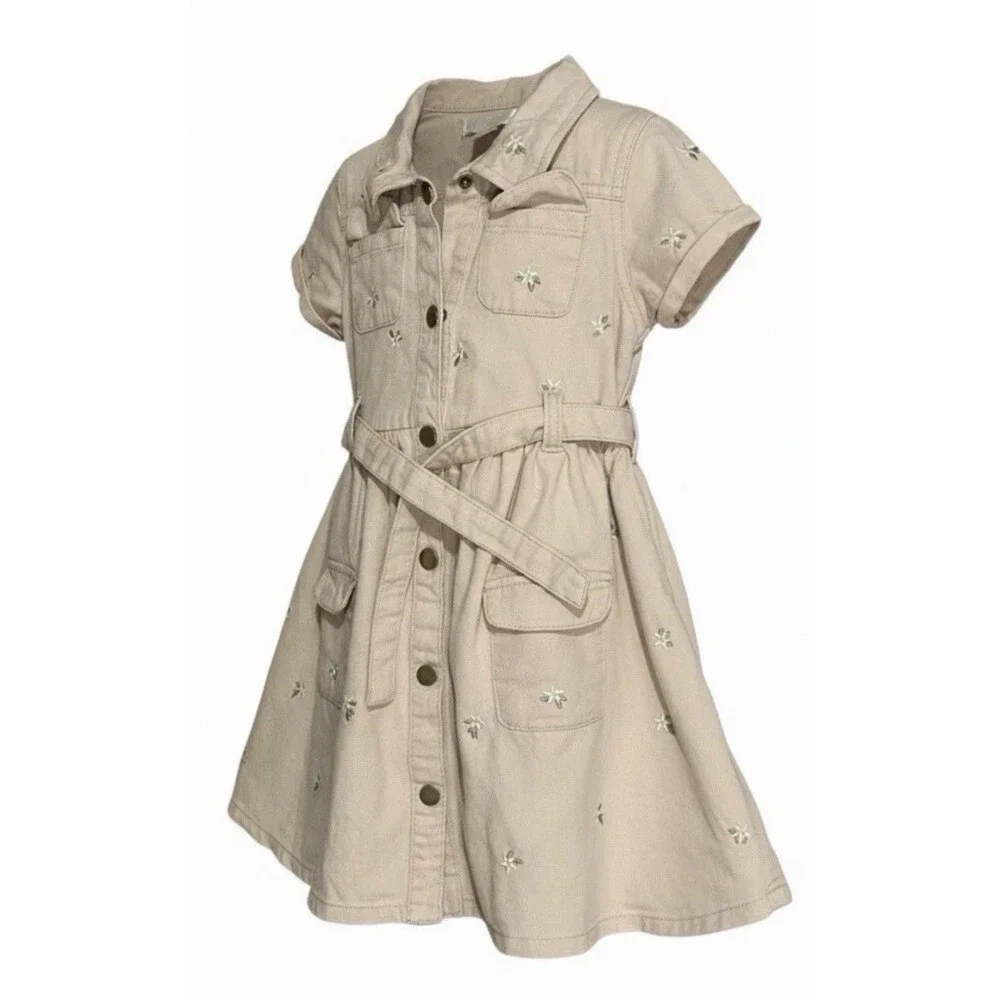 Nanette Denim Button-Front Dress Pockets floral embroidered Girls Size 6T beige
